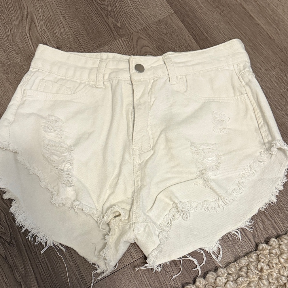 SHEIN Cream Distressed Jean Shorts